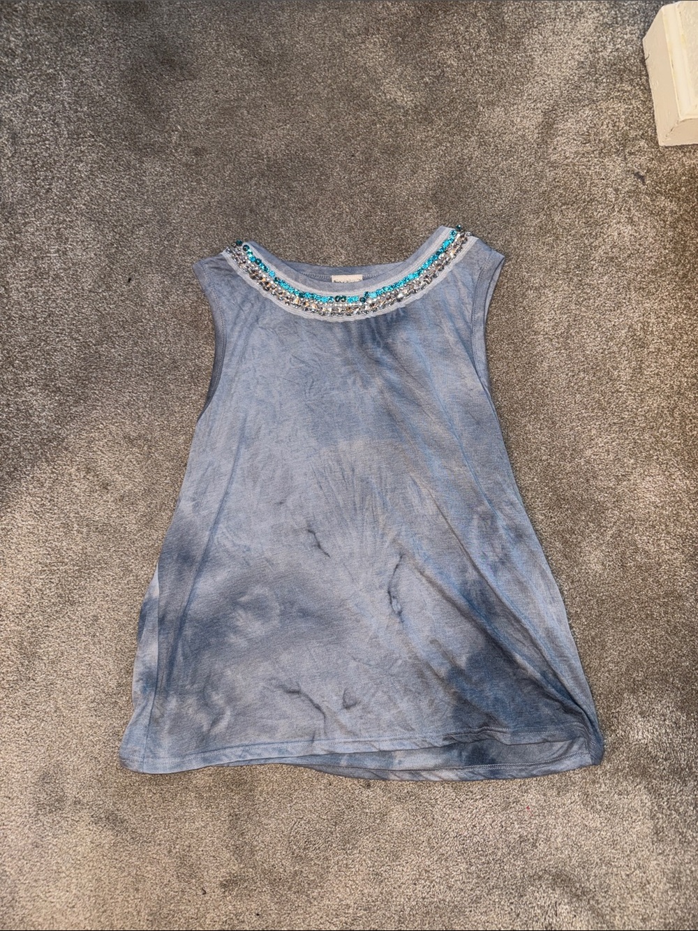 Vocal Sky Blue Sleeveless Tank with Sequin Beaded Neckline